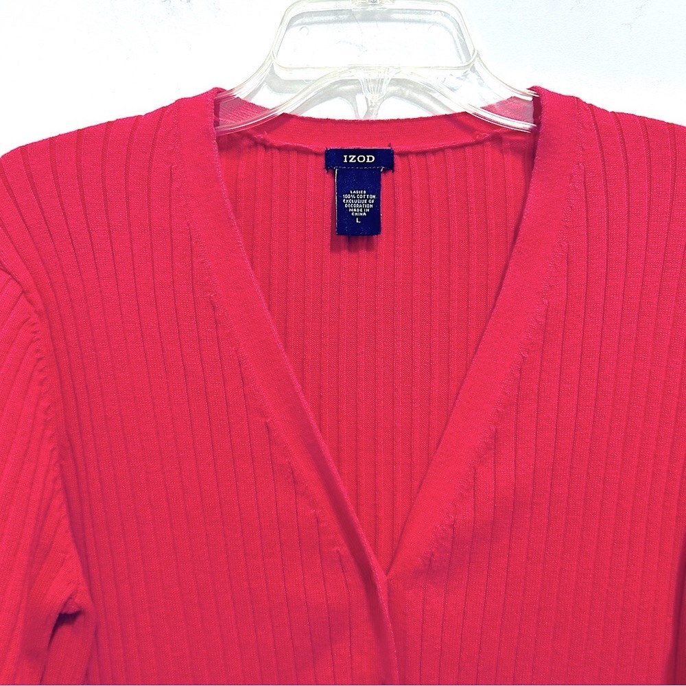IZOD Women’s Fitted Ribbed Raspberry Color Cardigan - Picture 3 of 8